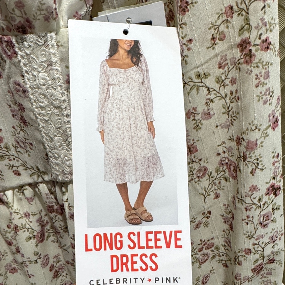 Celebrity Pink Cream Midi Dress with Pink Floral Print